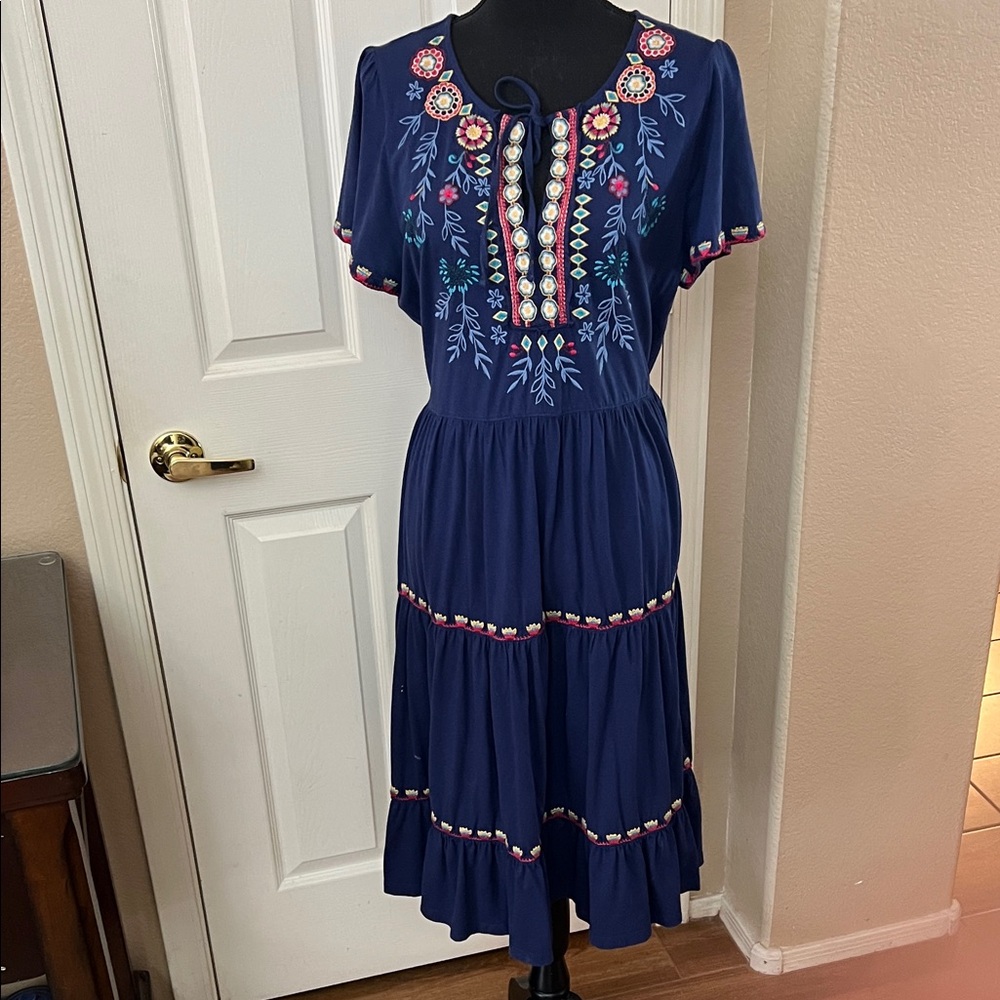 Johnny Was Blue Embroidered Midi Dress